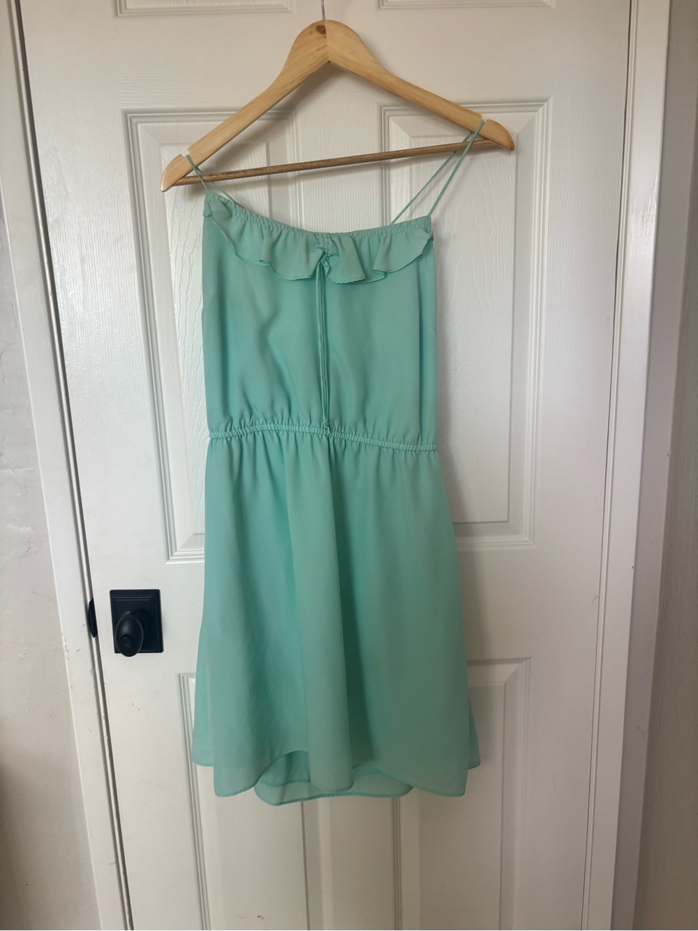 BCBG Seafoam Green Spaghetti-Strap Ruffle Mini Dress